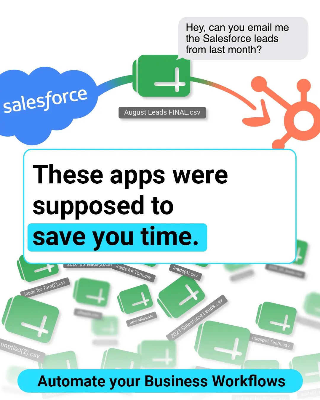 A tangle of duplicate CSV exports piling up between Salesforce and HubSpot, captioned: these apps were supposed to save you time.