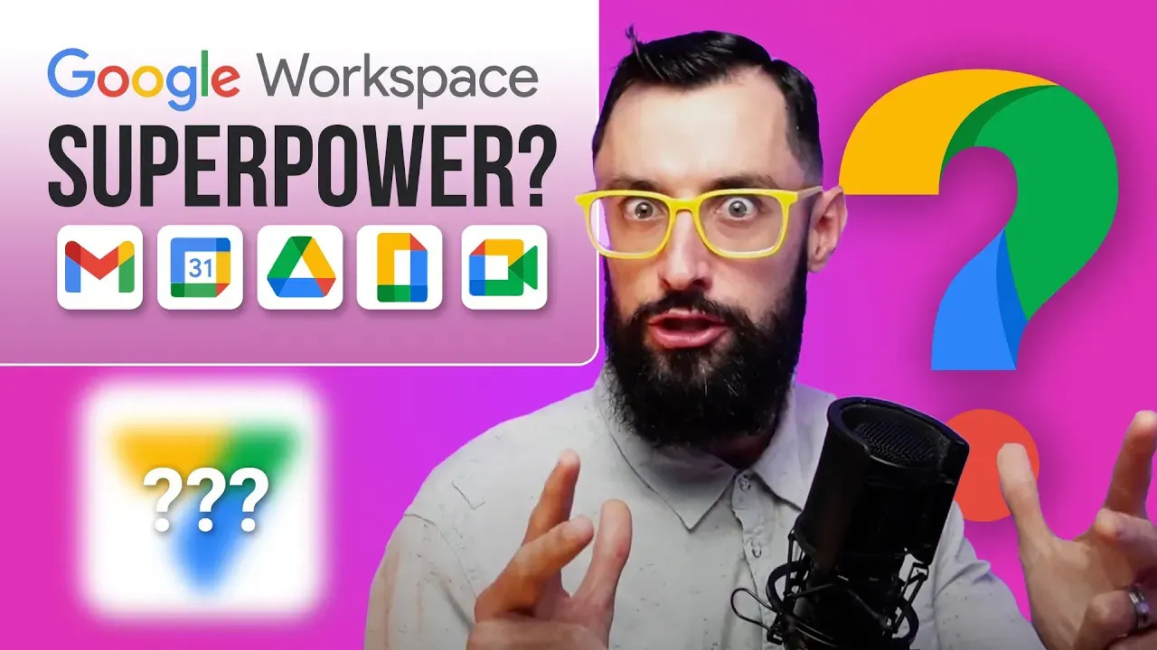 A QREW YouTube thumbnail asking whether Google Workspace is a superpower, surrounded by Workspace app icons.