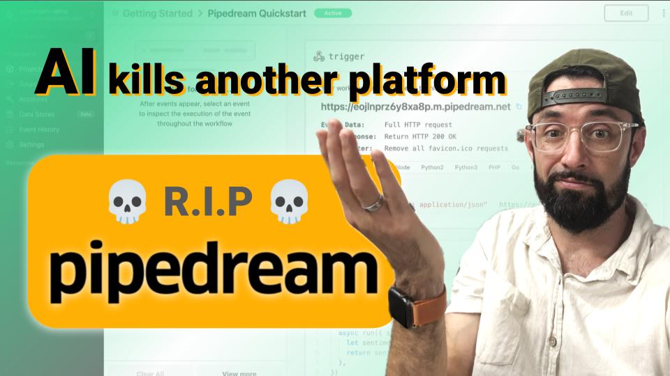 A shrug beside an 'R.I.P. Pipedream' sign over the Pipedream workflow editor